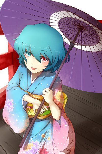 Anime picture 1600x2400 with touhou tatara kogasa inuchikusho (artist) single tall image short hair holding blue hair japanese clothes heterochromia :p girl kimono umbrella obi