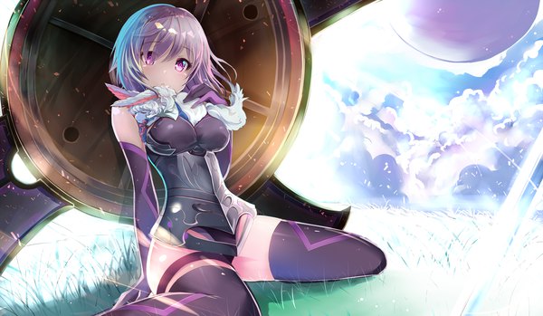 Anime picture 2743x1600 with fate (series) fate/grand order mash kyrielight fou (fate) sho (runatic moon) looking at viewer fringe highres short hair light erotic wide image sitting purple eyes purple hair cloud (clouds) outdoors from below hand on chest wariza girl