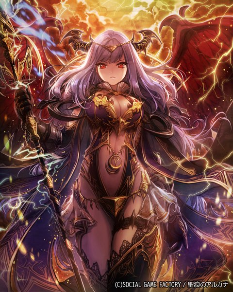 Anime picture 1920x2400 with seikon no arcana umberwig single tall image looking at viewer fringe highres breasts light erotic red eyes large breasts standing holding cleavage silver hair very long hair horn (horns) wind inscription bare belly