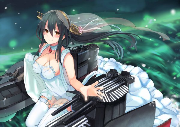 Anime picture 2124x1500 with kantai collection haruna battleship haik single long hair looking at viewer blush fringe highres breasts light erotic black hair smile hair between eyes large breasts brown eyes from above wind alternate costume outstretched arm
