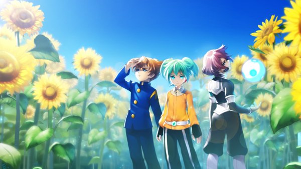 Anime picture 1920x1080 with inazuma eleven inazuma eleven go inazuma eleven go chrono stone matsukaze tenma alpha (inazuma eleven) fey rune erian looking at viewer highres short hair blue eyes brown hair wide image twintails pink hair profile looking back aqua hair short twintails looking up