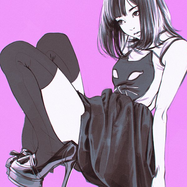 Anime picture 900x900 with original ilya kuvshinov single long hair fringe black hair simple background profile lips black eyes arm support high heels monochrome pink background reclining on all fours girl thighhighs skirt