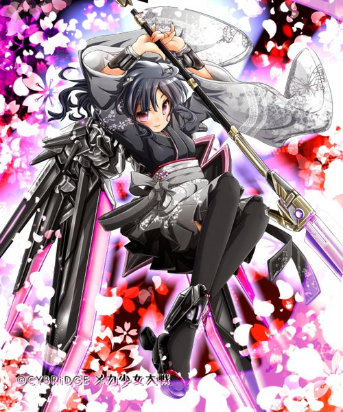 Anime picture 1200x1440 with original akino coto single long hair tall image blush black hair red eyes japanese clothes mechanical wings girl thighhighs flower (flowers) weapon black thighhighs petals kimono obi