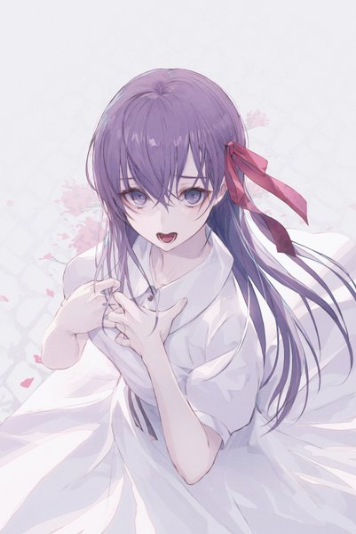 Anime picture 669x1000 with fate (series) fate/stay night matou sakura wanke single long hair tall image looking at viewer blush fringe breasts open mouth simple background hair between eyes standing purple eyes purple hair from above grey background short sleeves