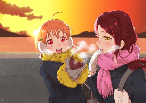 Anime picture 1600x1133 with love live! sunshine!! sunrise (studio) love live! sakurauchi riko takami chika yomotsuka tsukasa long hair looking at viewer blush fringe short hair open mouth smile hair between eyes red eyes multiple girls holding yellow eyes cloud (clouds) ahoge