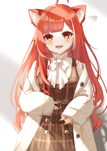 Anime picture 3541x5016 with virtual youtuber nijisanji ratna petit nota ika single long hair tall image looking at viewer highres open mouth animal ears absurdres ahoge red hair long sleeves :d off shoulder orange eyes sleeves past wrists girl
