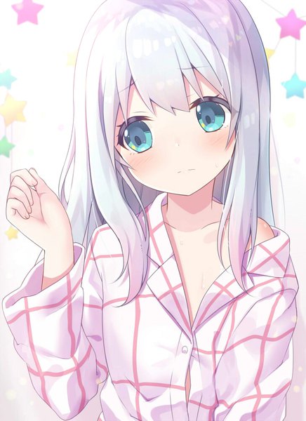 Anime picture 727x1000 with eromanga sensei a-1 pictures izumi sagiri yano mitsuki single long hair tall image blush fringe light erotic white background looking away silver hair upper body aqua eyes off shoulder girl star (symbol) pajamas