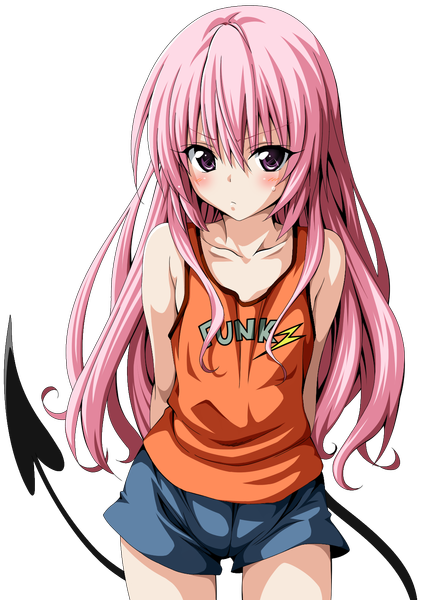 Anime picture 1100x1550 with toloveru xebec nana asta deviluke toshi5765 single long hair tall image looking at viewer blush purple eyes pink hair tail transparent background girl shorts