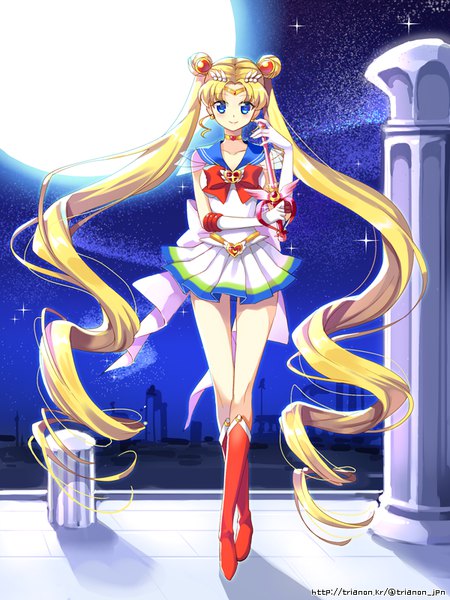 Anime picture 600x800 with bishoujo senshi sailor moon toei animation tsukino usagi sailor moon super sailor moon trianon single tall image looking at viewer blush blue eyes blonde hair smile standing twintails full body very long hair night sparkle hair bun (hair buns)