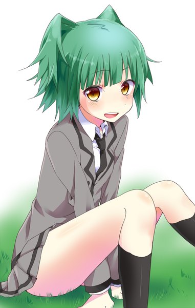Anime picture 757x1192 with ansatsu kyoushitsu kayano kaede hi-ma single tall image blush fringe short hair open mouth simple background white background sitting twintails yellow eyes blunt bangs green hair from above short twintails between legs girl