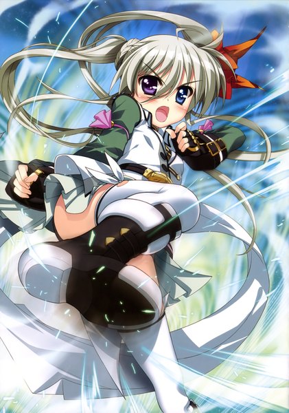 Anime picture 2874x4098 with mahou shoujo lyrical nanoha einhart stratos fujima takuya single long hair tall image looking at viewer blush highres open mouth grey hair scan heterochromia girl thighhighs gloves white thighhighs boots fingerless gloves