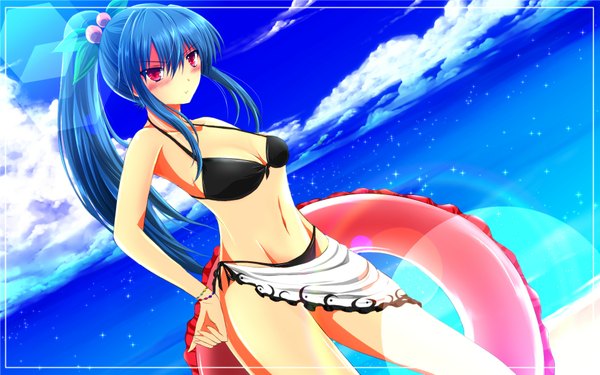 Anime picture 1920x1200 with touhou hinanawi tenshi nekominase single long hair looking at viewer blush highres light erotic red eyes wide image bare shoulders blue hair sky cloud (clouds) ponytail alternate costume hand on hip beach lens flare