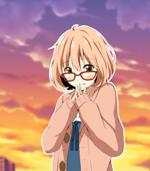 Anime picture 878x1000 with kyoukai no kanata kyoto animation kuriyama mirai single tall image looking at viewer blush short hair brown hair brown eyes cloud (clouds) girl uniform school uniform glasses sweater