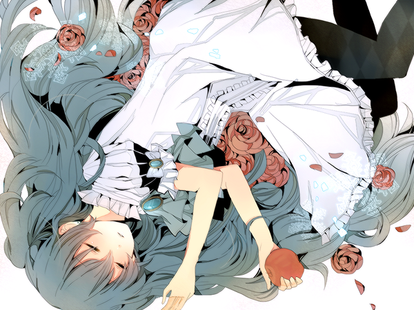 Anime picture 1000x750 with vocaloid hatsune miku komine (artist) single long hair twintails lying eyes closed very long hair sleeping girl thighhighs dress flower (flowers) black thighhighs white dress rose (roses) jewelry red rose apple