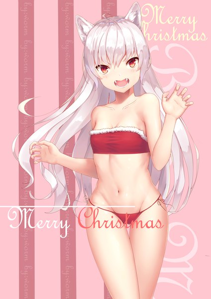 Anime picture 3363x4758 with original hei huo chong single long hair tall image looking at viewer highres breasts open mouth light erotic red eyes animal ears absurdres silver hair ahoge arms up teeth fang (fangs) fur trim thighs