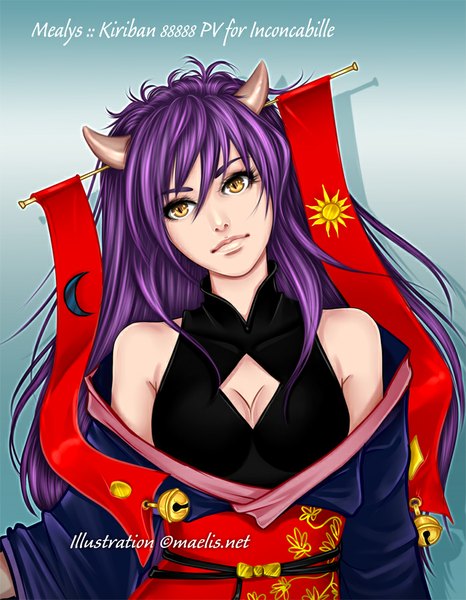 Anime picture 700x900 with original m-aelis single long hair tall image simple background yellow eyes purple hair traditional clothes horn (horns) lips chinese clothes girl bell jingle bell