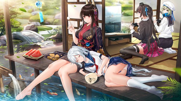 Anime picture 2200x1238 with warship girls r tagme (character) akagi (warship girls r) dust (394652411) long hair fringe highres breasts light erotic black hair blonde hair smile hair between eyes red eyes wide image large breasts sitting purple eyes twintails multiple girls