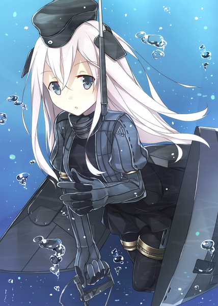 Anime picture 714x1000 with kantai collection u-511 submarine toki/ single long hair tall image looking at viewer holding bent knee (knees) white hair grey eyes underwater girl gloves water elbow gloves bubble (bubbles) peaked cap