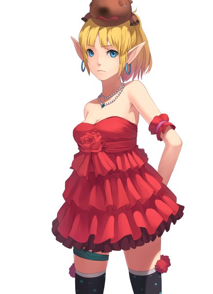 Anime picture 1476x2031 with dragon nest archer (dragon nest) poochum fkey single tall image looking at viewer short hair blue eyes simple background blonde hair white background bare shoulders ponytail pointy ears alternate costume hands behind back elf animal on head girl