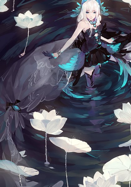 Anime picture 600x855 with original kaytseki single long hair tall image fringe blue eyes smile bare shoulders white hair from above spread arms black wings head wings girl dress flower (flowers) wings choker boots