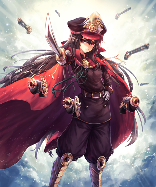 Anime picture 717x860 with fate (series) fate/grand order koha-ace oda nobunaga (fate) (all) oda nobunaga (fate) ouka (ra-raradan) single long hair tall image looking at viewer fringe black hair smile hair between eyes red eyes standing cloud (clouds) sunlight outstretched arm shaded face