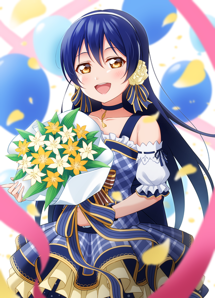 Anime-Bild 2646x3679 mit love live! school idol project sunrise (studio) love live! sonoda umi haruharo (haruharo 7315) single long hair tall image looking at viewer blush fringe highres breasts open mouth simple background smile hair between eyes standing white background bare shoulders