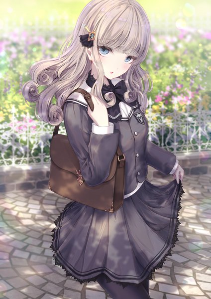 Anime picture 1389x1965 with original missle228 single long hair tall image looking at viewer blush fringe open mouth blue eyes standing silver hair outdoors blunt bangs long sleeves blurry skirt hold girl skirt flower (flowers)