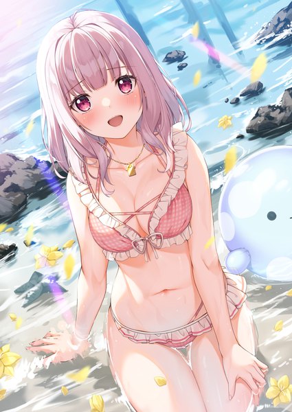 Anime picture 1254x1771 with virtual youtuber nijisanji shiina yuika yuuri nayuta single long hair tall image looking at viewer blush breasts open mouth light erotic sitting pink hair outdoors :d pink eyes arm support dutch angle partially submerged