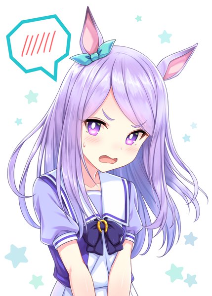 Anime picture 1309x1830 with umamusume mejiro mcqueen (umamusume) tomo (tmtm mf mf) single long hair tall image looking at viewer blush open mouth white background purple eyes animal ears purple hair upper body embarrassed puffy sleeves horse ears girl uniform bow