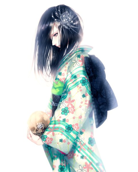 Anime picture 1250x1560 with original porigon single long hair tall image black hair simple background standing white background looking away traditional clothes japanese clothes profile pink eyes hair flower tears looking down sad girl hair ornament