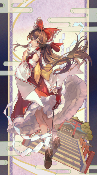 Anime picture 1257x2261 with touhou hakurei reimu kyusoukyu single long hair tall image brown hair brown eyes full body traditional clothes japanese clothes nontraditional miko egasumi girl bow hair bow detached sleeves hair tubes gohei shrine