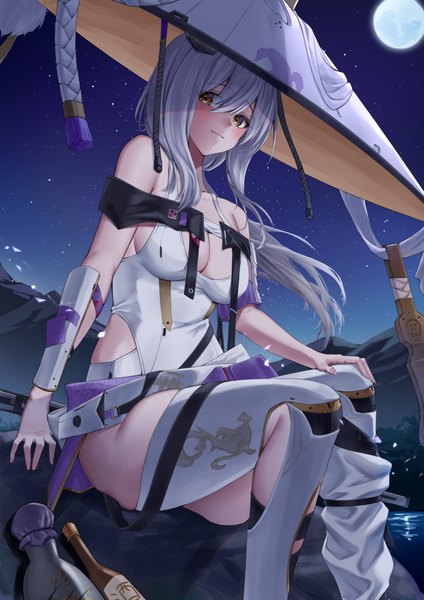 Anime picture 1060x1500 with goddess of victory: nikke scarlet (nikke) yorugami rei single long hair tall image looking at viewer blush fringe breasts light erotic hair between eyes large breasts sitting brown eyes signed cleavage silver hair outdoors light smile