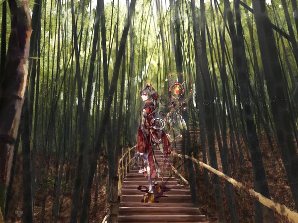 Anime picture 2751x2061 with original nadinehuifu single long hair looking at viewer highres black hair ponytail traditional clothes japanese clothes looking back sunlight turning head nature bamboo forest girl hair ornament plant (plants) tree (trees) socks