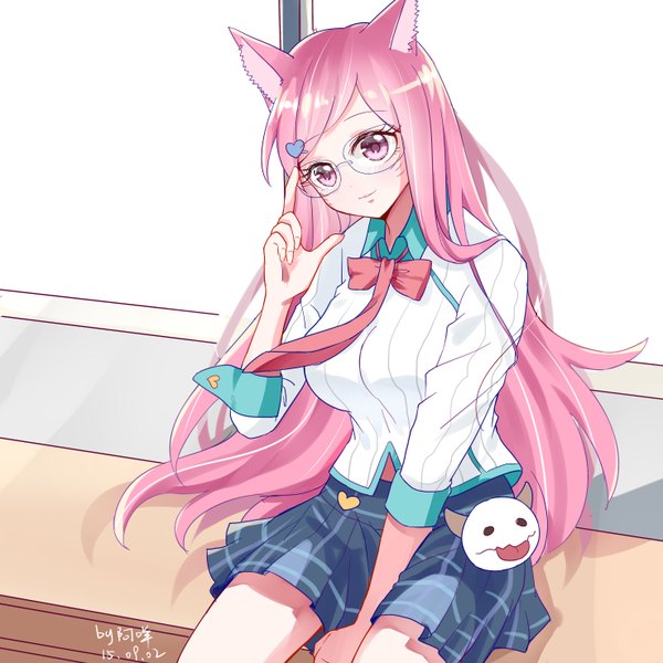 Anime picture 2952x2952 with league of legends ahri (league of legends) poro (league of legends) academy ahri (league of legends) yanxi yuan single long hair looking at viewer blush highres smile sitting signed pink hair head tilt pleated skirt pink eyes sunlight arm support embarrassed