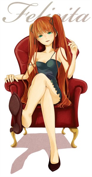 Anime picture 1000x1928 with arcana famiglia felicita long hair tall image open mouth blue eyes brown hair sitting twintails bare shoulders bare legs shadow crossed legs girl dress ribbon (ribbons) hair ribbon armchair