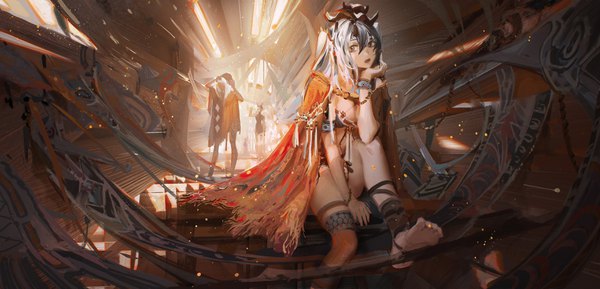 Anime picture 3500x1689 with original ying yi long hair fringe highres breasts open mouth light erotic hair between eyes wide image standing sitting multiple girls looking away full body white hair barefoot grey hair arms up solo focus