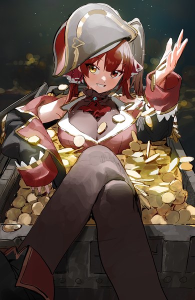 Anime picture 1000x1537 with virtual youtuber hololive houshou marine houshou marine (1st costume) modare single long hair tall image looking at viewer blush fringe breasts smile red eyes sitting twintails yellow eyes payot red hair blunt bangs