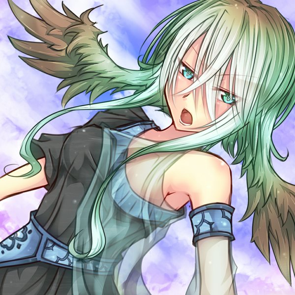 Anime picture 1000x1000 with original shintani tsushiya single long hair open mouth bare shoulders green eyes green hair head wings girl dress