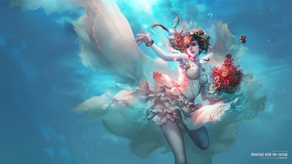 Anime picture 2000x1125 with original antilous (anti) single long hair fringe highres brown hair wide image looking away bent knee (knees) aqua eyes sunlight realistic sparkle floating hair outstretched arm underwater frilled dress girl dress