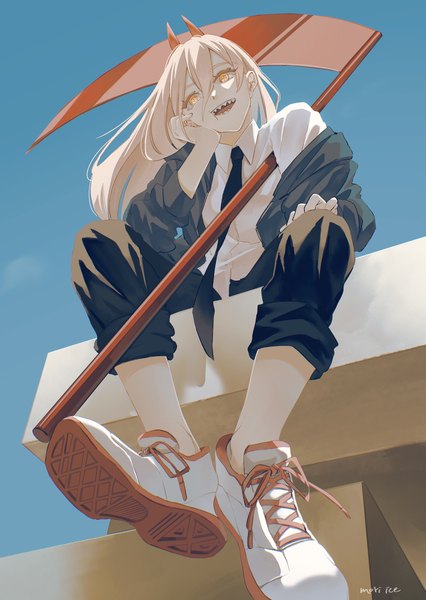 Anime picture 2200x3100 with chainsaw man mappa power (chainsaw man) ice morinaka single long hair tall image fringe highres open mouth blonde hair hair between eyes sitting yellow eyes horn (horns) teeth from below soles head rest sharp teeth