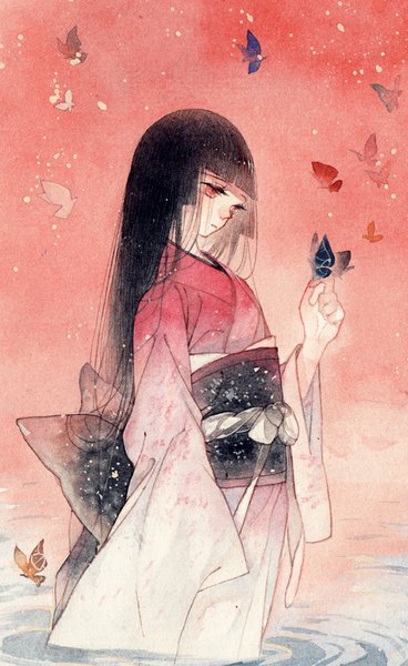 Anime picture 600x977 with hell girl studio deen enma ai rei (pixiv4656825) single long hair tall image fringe black hair red eyes looking away long sleeves traditional clothes japanese clothes traditional media watercolor (medium) butterfly on hand girl water kimono