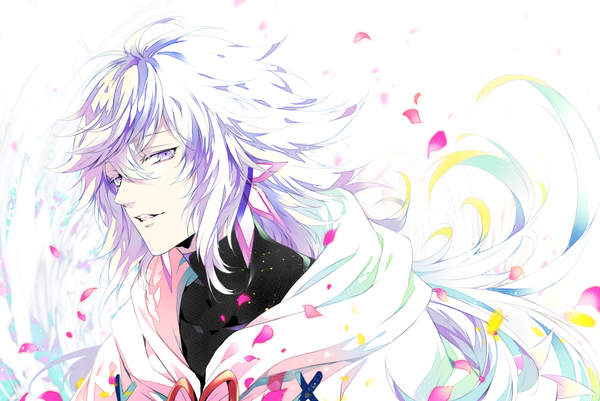 Anime picture 1200x802 with fate (series) fate/grand order merlin (fate) cang qi lu single long hair looking at viewer fringe hair between eyes white background purple eyes silver hair upper body parted lips boy petals turtleneck