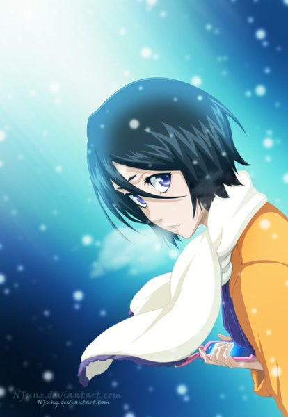 Anime picture 750x1086 with bleach studio pierrot kuchiki rukia natilokijung single tall image short hair black hair purple eyes looking back dutch angle coloring light snowing winter snow exhalation girl scarf phone