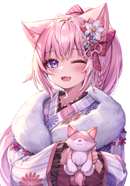 Anime-Bild 1400x2000 mit virtual youtuber hololive hakui koyori kokoro (hakui koyori) hakui koyori (2nd costume) deaver single long hair tall image open mouth simple background white background purple eyes animal ears pink hair upper body ponytail traditional clothes japanese clothes one eye closed