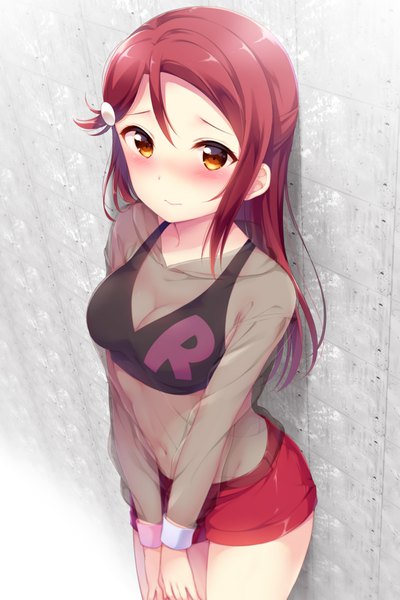 Anime picture 1100x1649 with love live! sunshine!! sunrise (studio) love live! sakurauchi riko hazuki (sutasuta) single long hair tall image looking at viewer blush fringe breasts light erotic hair between eyes standing bare shoulders brown eyes payot cleavage red hair