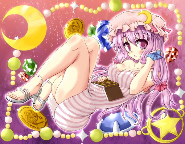 Anime picture 1450x1125 with touhou patchouli knowledge hiiragi tomoka single long hair light erotic purple eyes purple hair striped girl moon jewelry sundress coin (coins)
