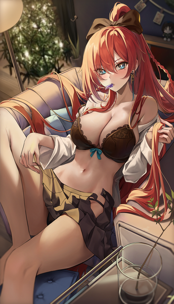 Anime picture 2800x4880 with wuthering waves yinlin (wuthering waves) aoi 13 single long hair tall image looking at viewer blush fringe highres breasts blue eyes light erotic hair between eyes large breasts holding cleavage ponytail red hair indoors