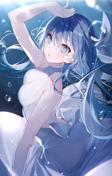 Anime picture 1049x1637 with original miwano rag single long hair tall image looking at viewer blush fringe breasts blue eyes light erotic hair between eyes large breasts bare shoulders signed blue hair parted lips arm up tears light