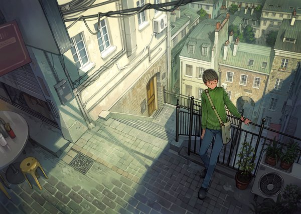 Anime picture 2245x1600 with original yoshida seiji single highres short hair standing green eyes looking away full body grey hair sunlight city cityscape landscape boy plant (plants) glasses boots building (buildings) sweater