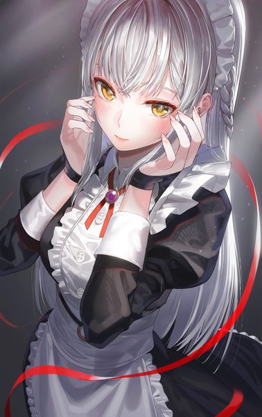 Anime picture 1890x3000 with original kfr single long hair tall image looking at viewer blush fringe highres standing yellow eyes payot silver hair blunt bangs braid (braids) long sleeves arms up maid puffy sleeves girl